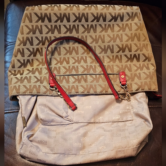Michael Kors Monogrammed Shoulder Handbag with Red Leather accents EUC - Picture 8 of 16